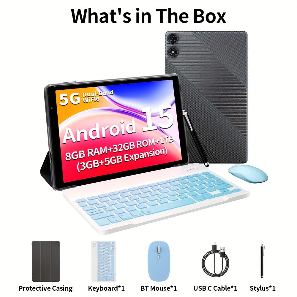 Android Tablet 10.1-Inch 2-in-1 with Android 15, 8GB Total RAM, 32GB Internal Storage and Keyboard Sets