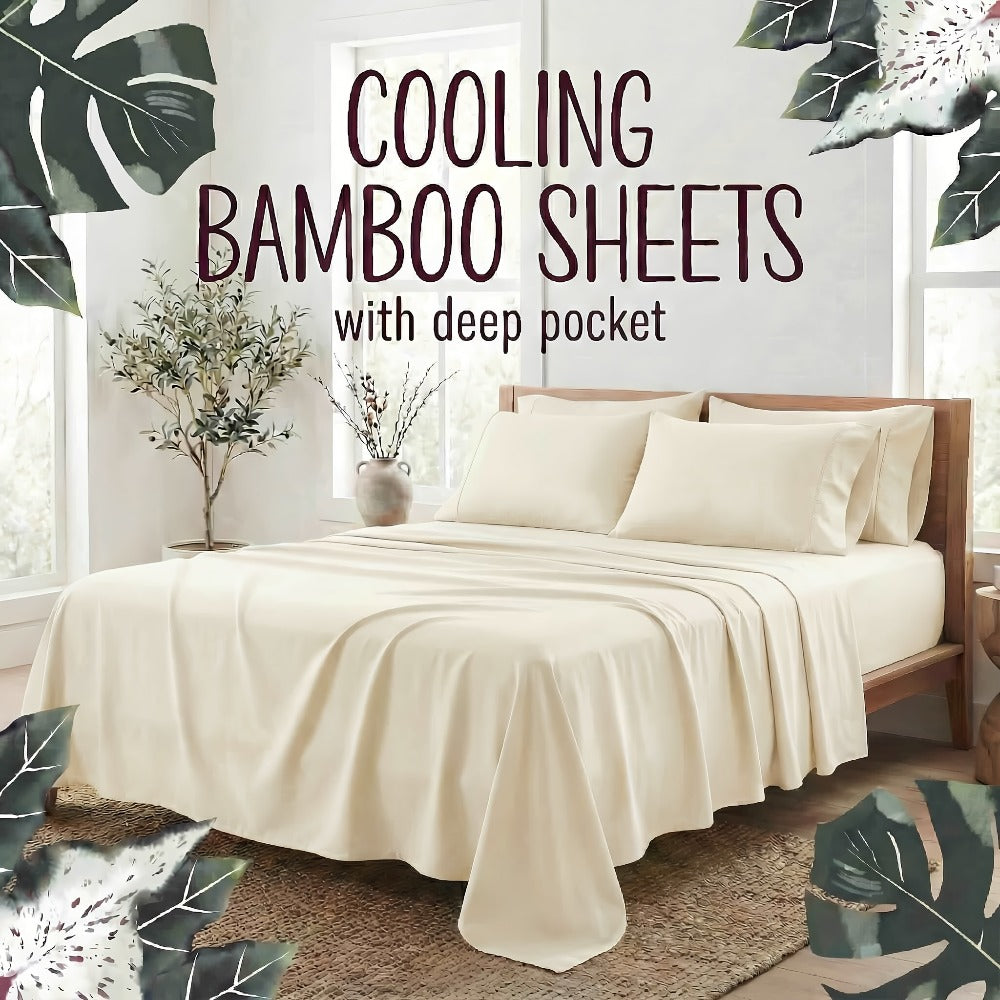 Bed Sheet Set 4-Piece Bamboo Fiber with Deep-Pocket Fitted Sheet, Four Sizes and Twelve Color Options
