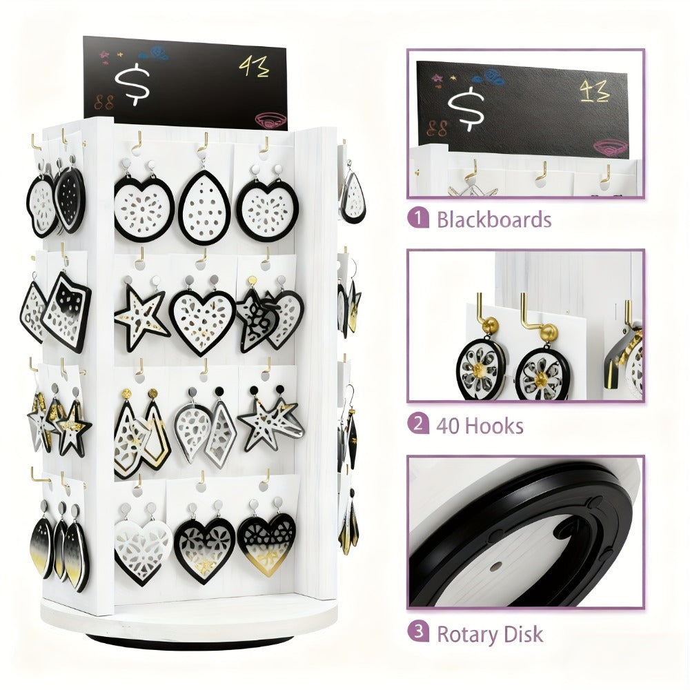 Jewelry Organizer Rotating White Display Tower with 40 Hooks and Top Sign Panel for Countertop Use