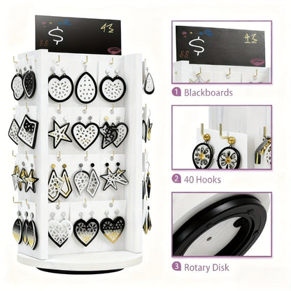 Jewelry Organizer Rotating White Display Tower with 40 Hooks and Top Sign Panel for Countertop Use