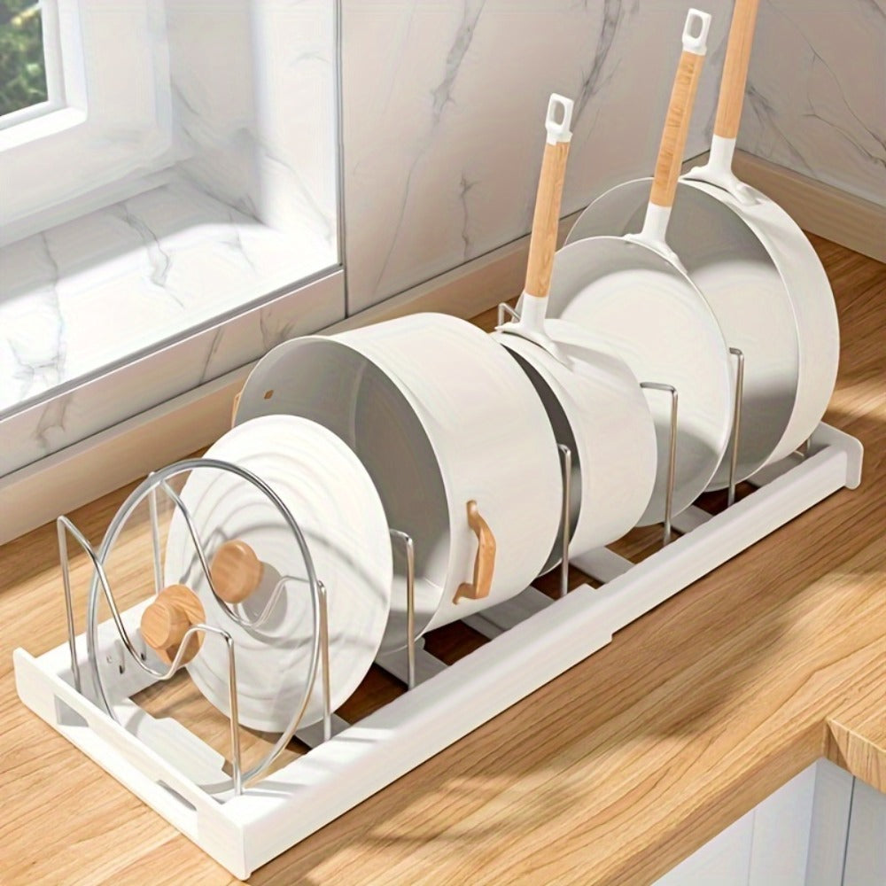 Expandable Pot and Lid Organizer Rack with Adjustable Dividers, 12.01-22.05-Inch Width and White or Gray Finish