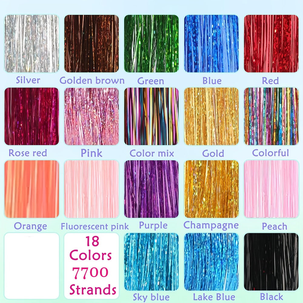 48-Inch Hair Tinsel Extension Kit with 18 Glitter Colors, 7,700 Strands, Micro Beads and Loop Tool