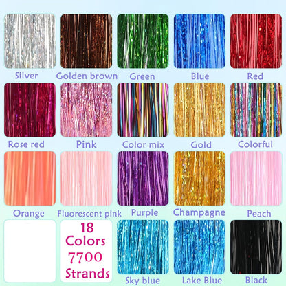 48-Inch Hair Tinsel Extension Kit with 18 Glitter Colors, 7,700 Strands, Micro Beads and Loop Tool