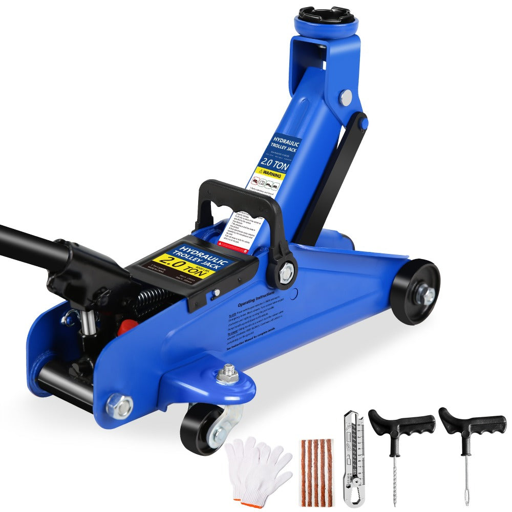 Hydraulic Floor Jack Kit 2/2.5/3 Ton Low Profile Trolley Jack with Jack Stands, Tire Repair Kit, Wheel Wrench & Wheel Chock Combo - Red/Blue
