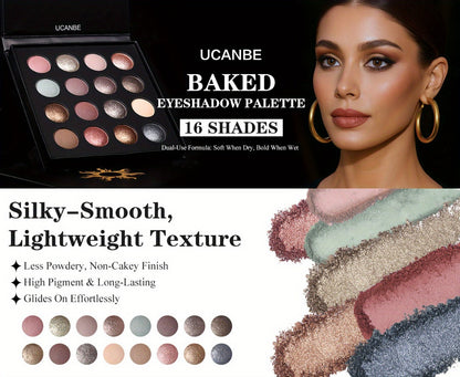 Eyeshadow Palette UCANBE 16-Shade Black Case with Matte-Shimmer-Metallic Mix and 15-Brush Set