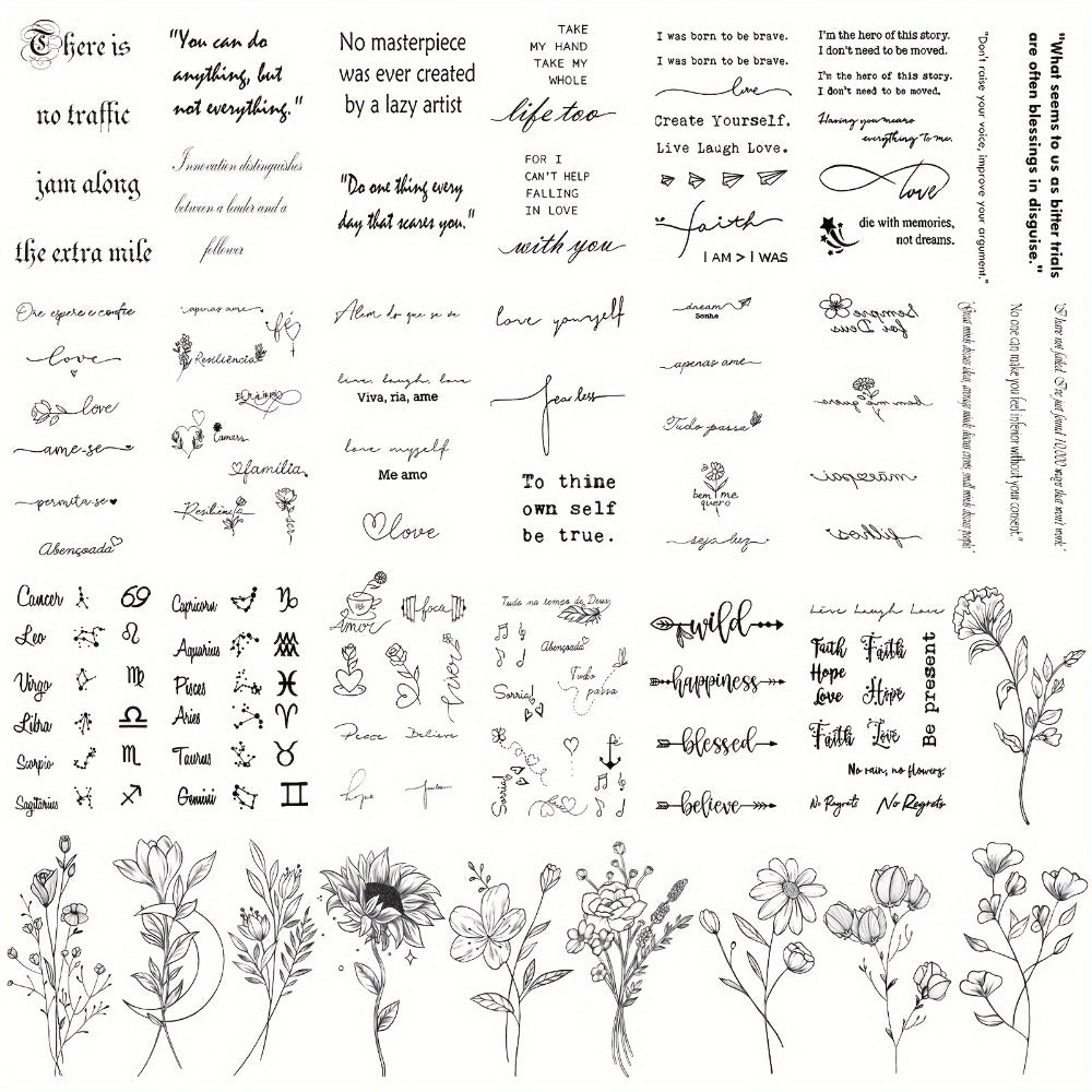 Temporary Tattoos, 30-Sheet Floral and Letter Set with Black Linework Designs for Face, Neck, Arm and Wrist