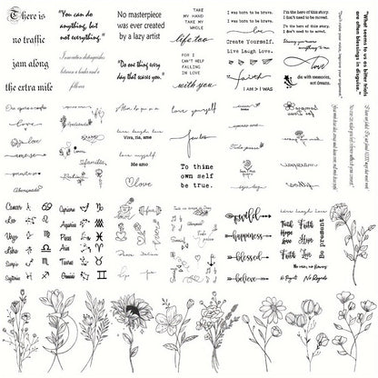 Temporary Tattoos, 30-Sheet Floral and Letter Set with Black Linework Designs for Face, Neck, Arm and Wrist