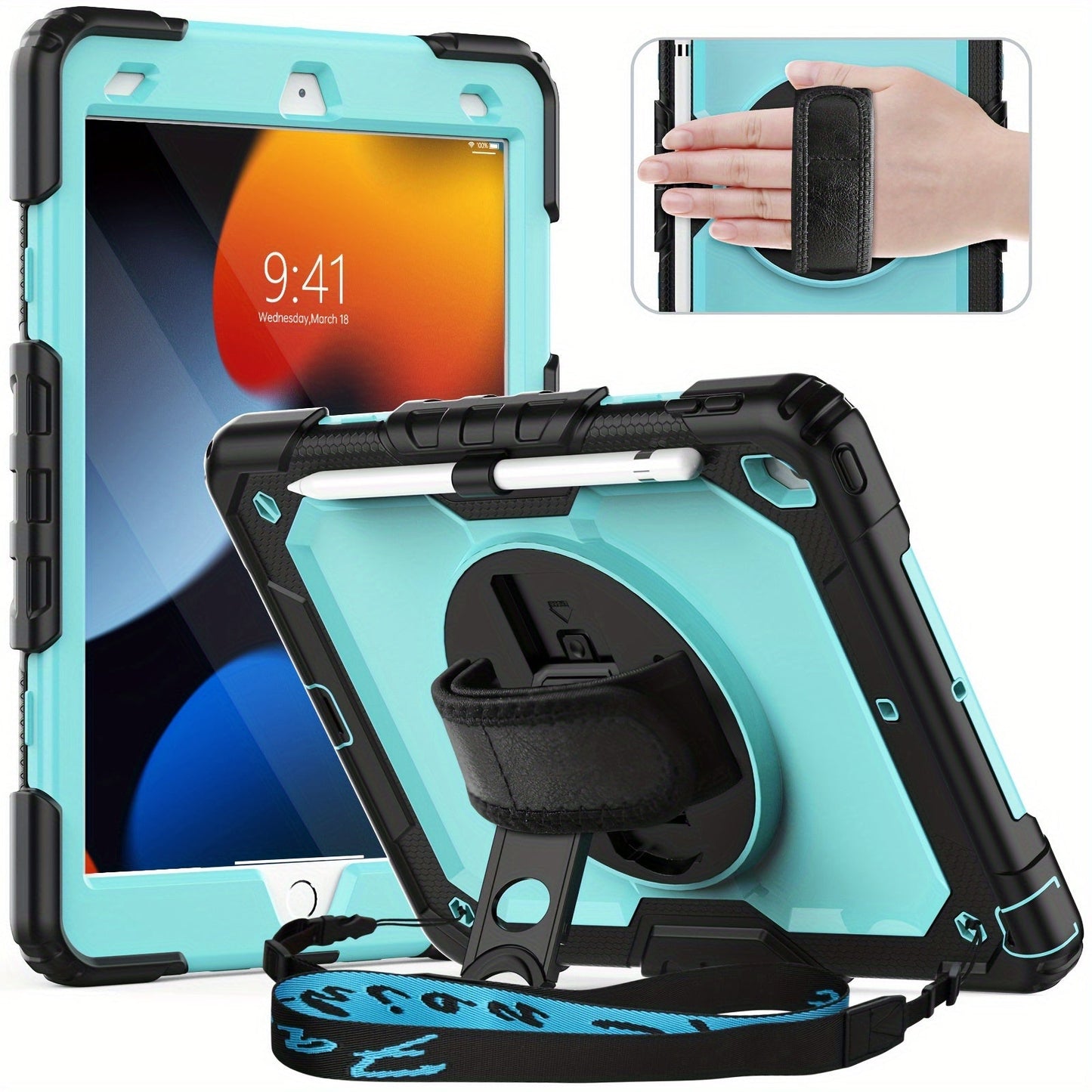 iPad 10.2-Inch 7th, 8th and 9th Generation Tablet Case with Rotating Stand, Hand Strap and Seven Colors