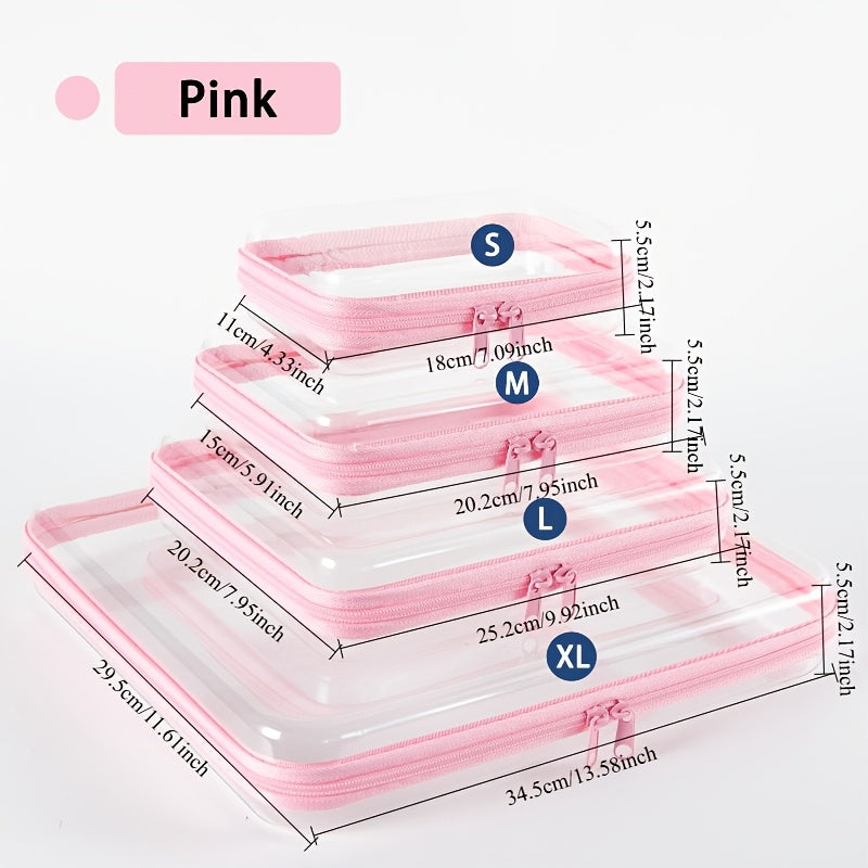 Four-Piece Storage Organizer Set with Clear Zipper Cases in S, M, L and XL Sizes and Four Trim Colors