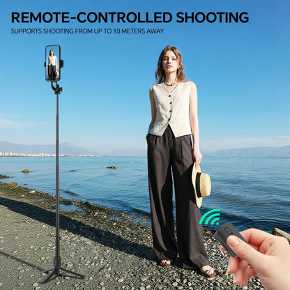 Black Selfie Stick Tripod with Telescoping Pole, Rotating Phone Clamp, Fold-Out Base and Remote