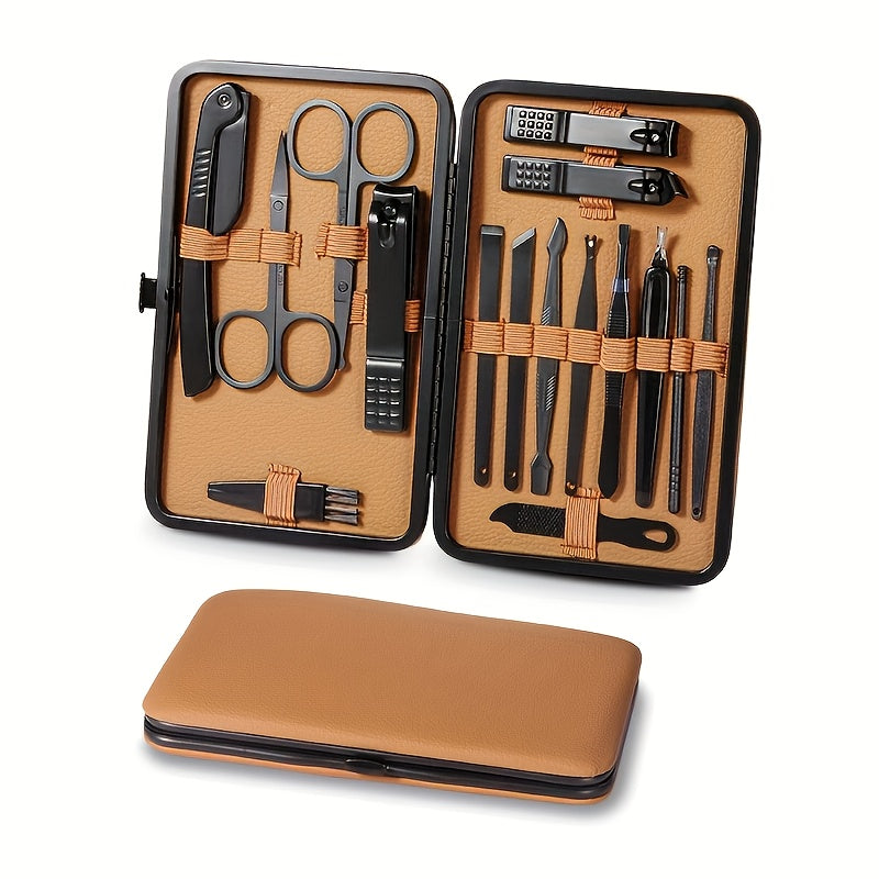 Manicure Pedicure Kit 16 Piece Stainless Steel - Luxury Nail Clipper Set with Portable Case Professional Nail Scissors Beauty Tools for Fingernails Toenails - Gift for Men Women Brown Black