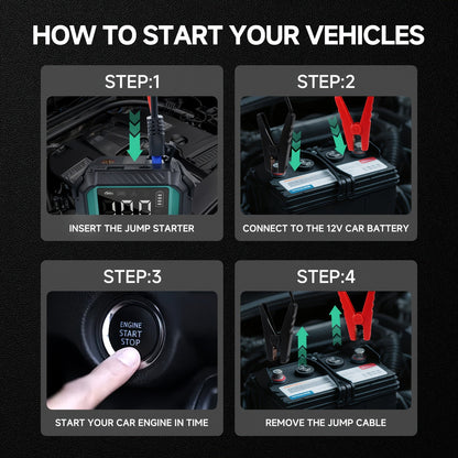 10000A Car Jump Starter with 12V Clamps, LED Light and Optional Integrated Air Pump in Red, Green or Gray