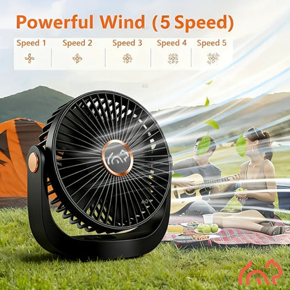Portable USB Rechargeable Fan, 5-Speed Turbo Strong Wind Fan, Adjustable Hanging Vertical Fan for Wall, Desktop and Ceiling Mount, Fast Cooling Personal Fan for Home, Office and Outdoor Camping