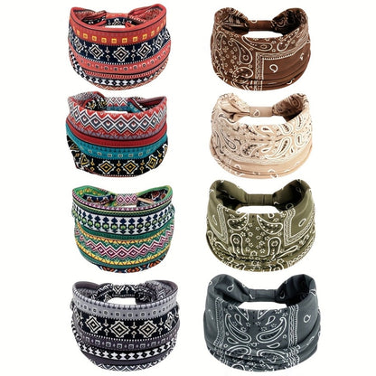 Eight Wide Knotted Headbands with Mixed Paisley and Geometric Patterns in One Image-Bound Set