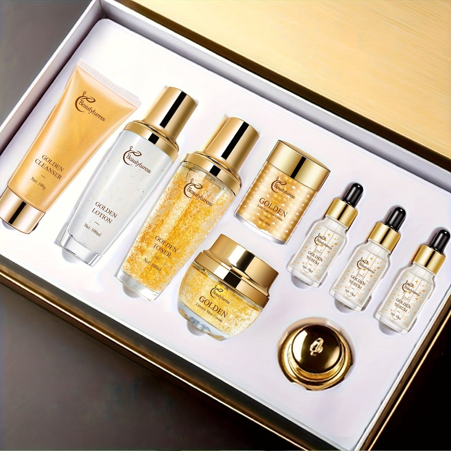 Skincare Set with Beautyluress Label, 9 Collagen and Hyaluronic Acid Cleanser Serum and Cream Items