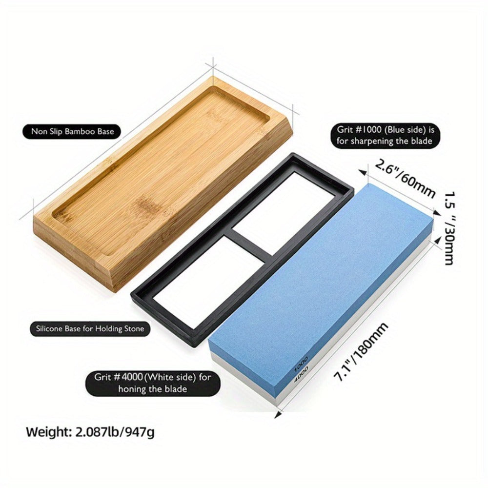 Knife Sharpening Stone 1000/4000 Grit Whetstone Set with Non-Slip Bamboo Base and Angle Guide - Dual Grit Whetstone Knife Sharpener for Kitchen Knives Chef Blades Scissors
