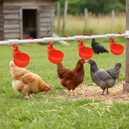 Automatic Poultry Watering System Kit with 10 Red Cups, PVC Pipe Fittings, Regulator and Hose Connections