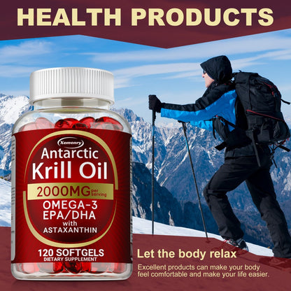 Antarctic Krill Oil 2000mg Softgels 120 Count with Astaxanthin EPA & DHA — High Absorption Omega-3 for Bone Immune Heart & Joint Health Support for Women and Men Gluten-Free