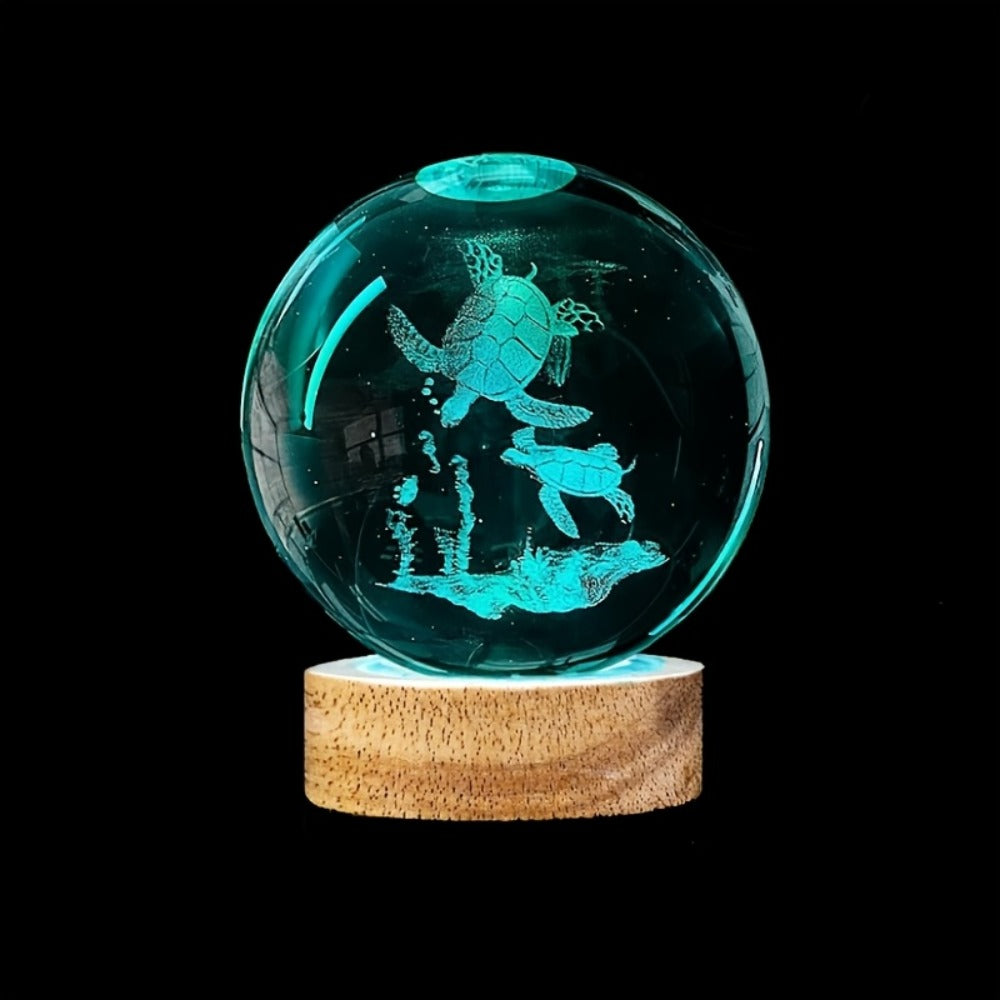 Night Light 2.36-Inch Sea Turtle Crystal Orb Lamp with Color-Changing LED and Wood-Tone Round Base