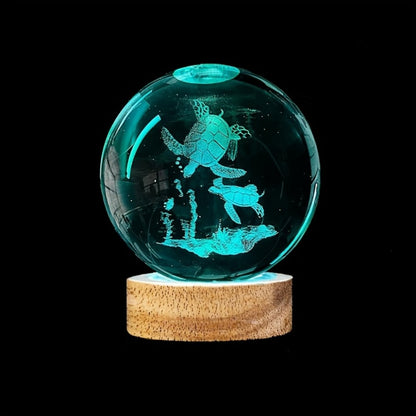 Night Light 2.36-Inch Sea Turtle Crystal Orb Lamp with Color-Changing LED and Wood-Tone Round Base