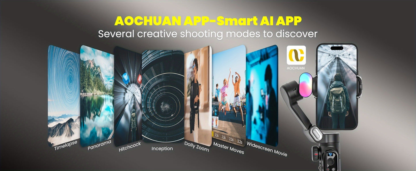 AOCHUAN Smart X Pro Combo 3-Axis Smartphone Gimbal Stabilizer | RGB Fill Light, Extension Rod, OLED Display & Wireless Charging for iPhone 15 14 13 Pro Max, YouTube Vlogging & Live Streaming