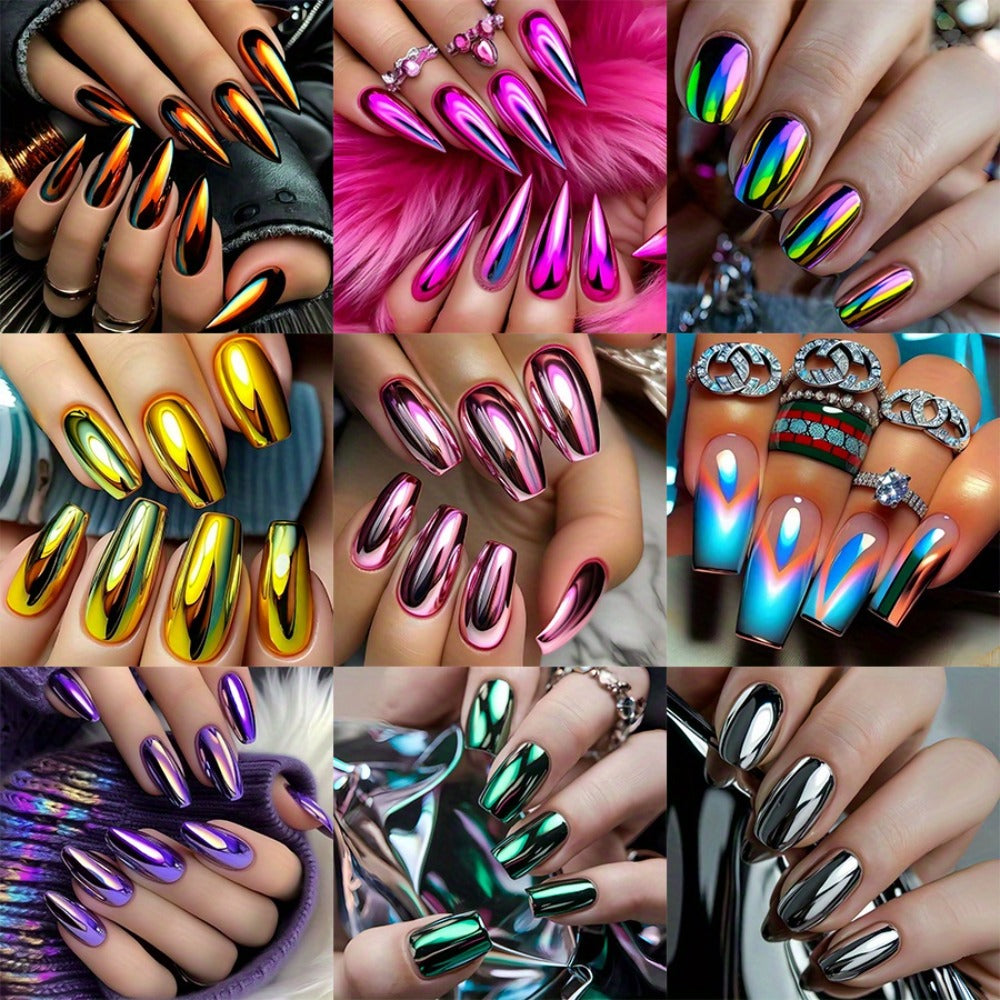Press On Nails 216-Piece Almond Pointed Nine-Pack Set with Purple Pink Silver Gold Styles and Glue