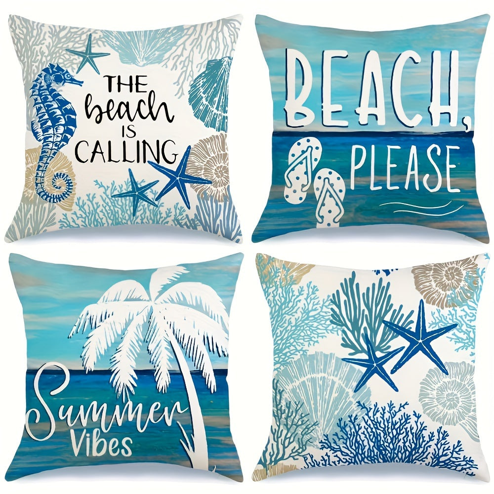 4pcs Ocean Beach Coastal Throw Pillow Covers 18x18in - Marine Life Shells Starfish Seahorse Turtle Decorative Pillowcase Set with Zipper Machine Washable for Summer Home Decor