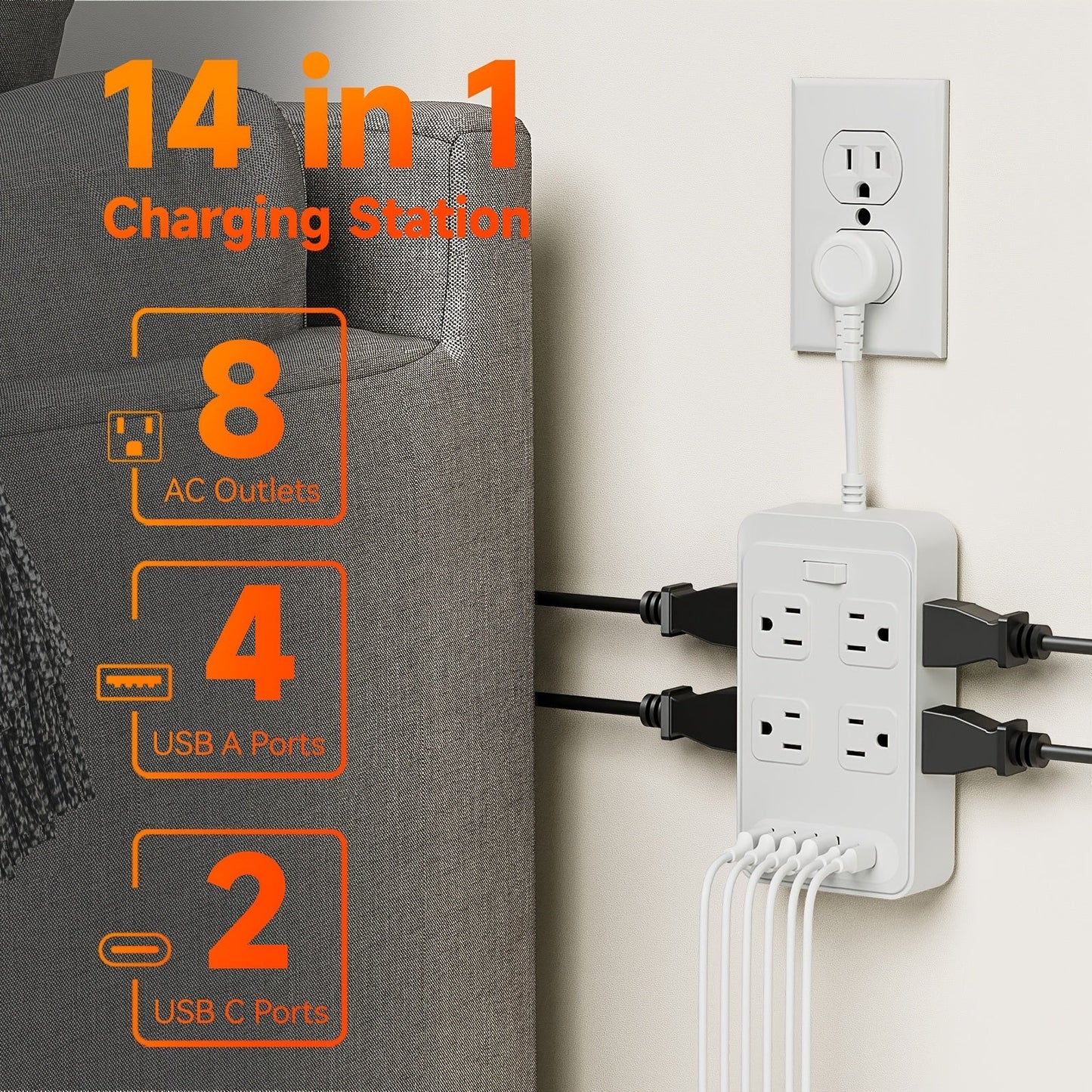 Power Strip Outlet Extender Surge Protector 8 AC Outlets 6 USB Charging Ports 4 USB-A 2 USB-C 3 Inch Short Cord Desk Charging Station for Home Dorm Office Travel White Black