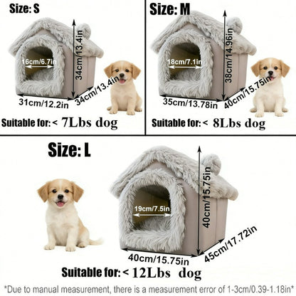 Plush Dog House Cave Bed with Brown-1 Finish, L Size Label and Padded Inner Mat for Indoor Pets