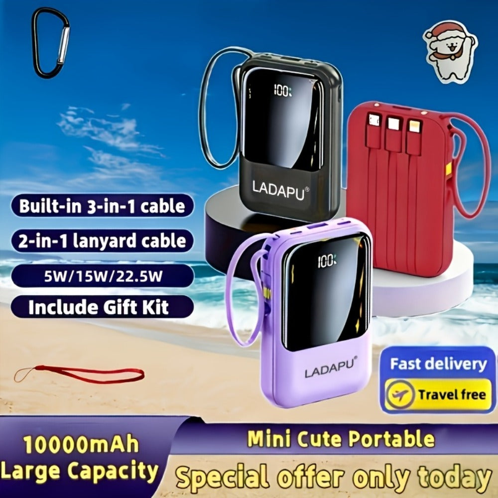 10000mAh Mini Power Bank 22.5W Super Fast Charging with 4 Built-In Cables – LED Display Cute Compact Portable Charger for iPhone Samsung Android Travel Outdoor Emergency Battery Pack