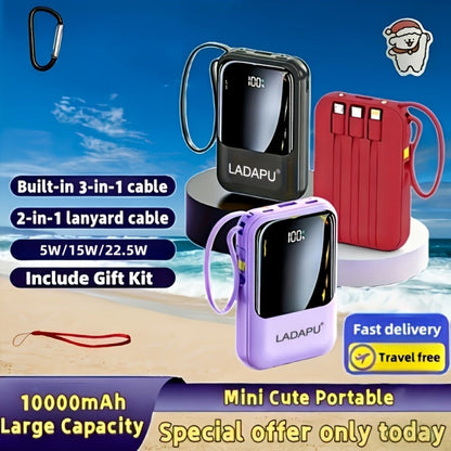 10000mAh Mini Power Bank 22.5W Super Fast Charging with 4 Built-In Cables – LED Display Cute Compact Portable Charger for iPhone Samsung Android Travel Outdoor Emergency Battery Pack