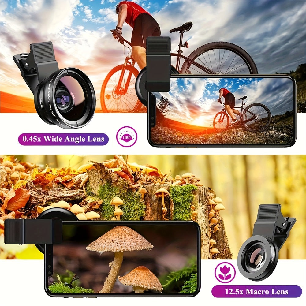 Two-in-One Universal Clip-On Smartphone Camera Lens with 0.45x Wide Angle and 12.5x Macro Optics