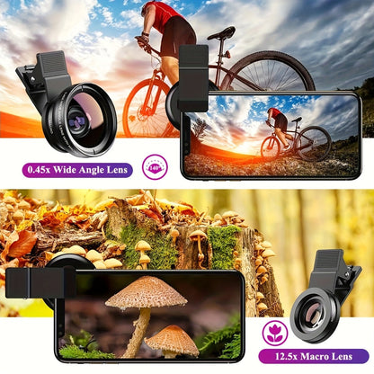 Two-in-One Universal Clip-On Smartphone Camera Lens with 0.45x Wide Angle and 12.5x Macro Optics