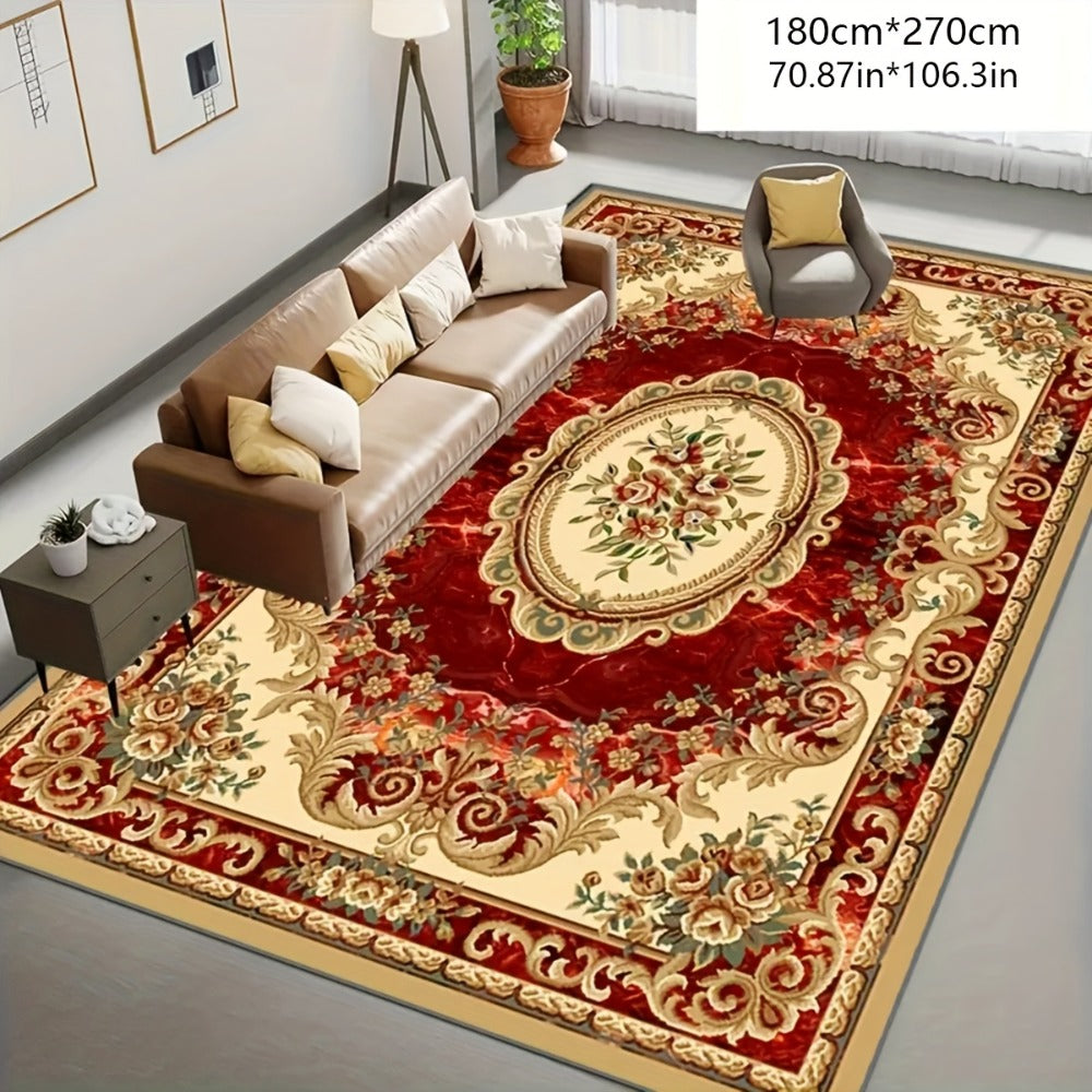 Area Rug Red Imitation Cashmere Medallion Design in Four Machine-Washable Room Size Choices