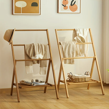 Bamboo Drying Rack 3 Tier Foldable with Storage Box - Space Saving Freestanding Clothes Hanger for Apartment, Bedroom, Bathroom & Balcony, Compact Laundry Rack for Small Spaces | Natural Burlywood