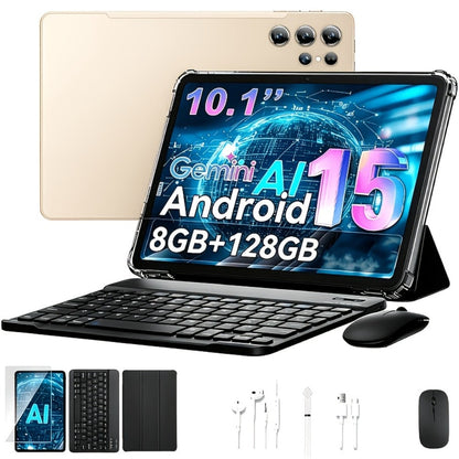 Android Tablet 10.1-Inch with Android 15, 8GB RAM, 128GB Internal Storage and Keyboard Case Bundle