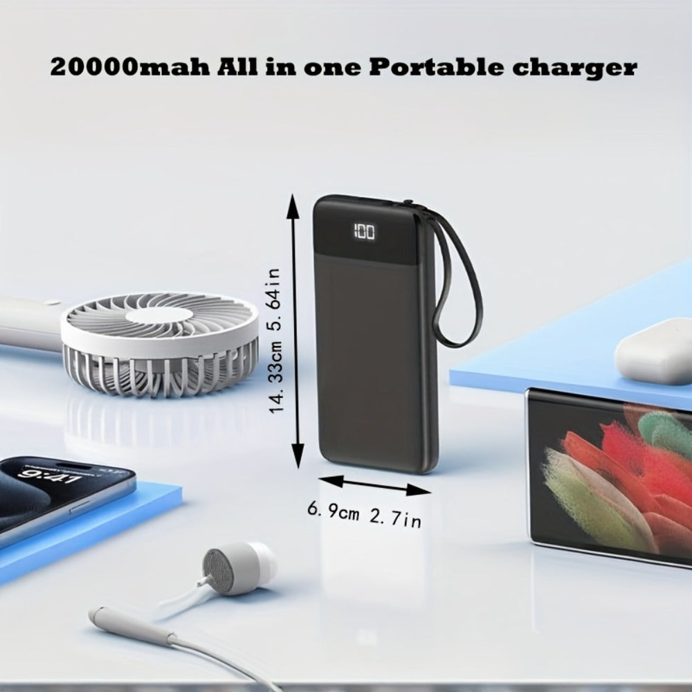 Power Bank 20000mAh with Built-In Cable Set, 20W Listed Charging and Solar or Standard Options