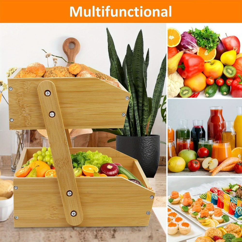 Fruit Rack Kitchen Organizer 2 or 3 Tier Natural Bamboo Freestanding Basket Shelf with Two Hooks