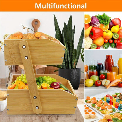 Fruit Rack Kitchen Organizer 2 or 3 Tier Natural Bamboo Freestanding Basket Shelf with Two Hooks