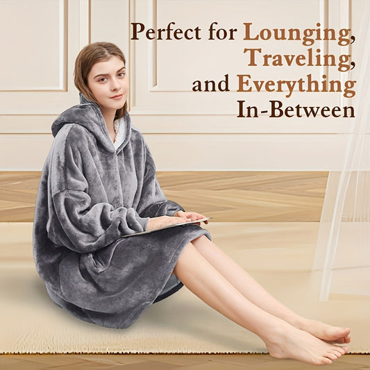 Reversible Hooded Wearable Blanket – Double-Sided Coral Fleece Suede Hoodie with Kangaroo Pocket, Machine Washable, 6 Colors
