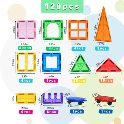 Magnetic Tiles 120-Piece Translucent Castle Building Set with Two Rolling Car Bases and Multicolor Shapes