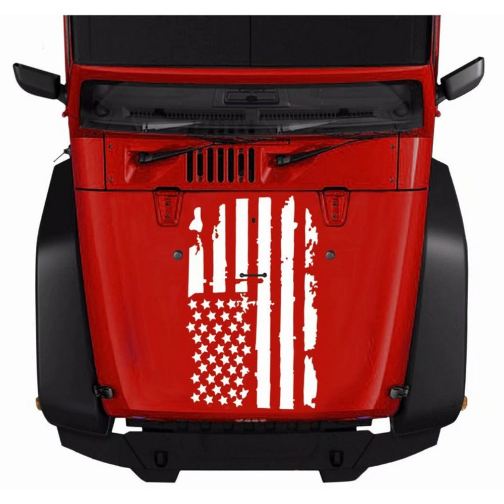 American Flag Car Hood Vinyl Decal Sticker - Distressed USA Flag Stripe Graphic, 35x20 Inch Universal Fit for Car, SUV, Truck Hood, Door, Window & Windshield, Patriotic Car Modification Gift (Black or Transparent)