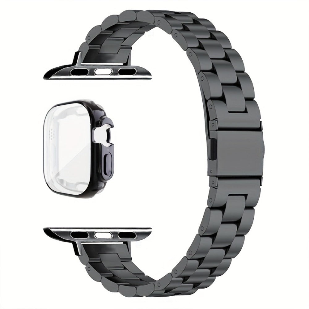 Slim Waist Apple Watch Steel Band & Half Shell Case 3-Piece Set – 2 Stainless Steel Bands + Protective Case Compatible with Apple Watch Series 1–9 SE Ultra 38 40 41 42 44 45 49mm – Gold Silver Rose Black