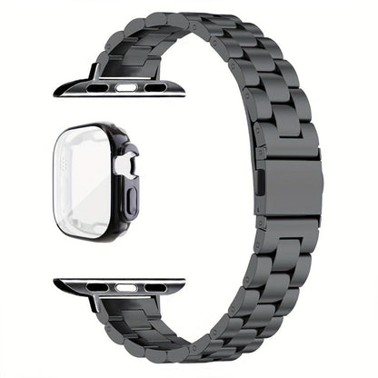 Slim Waist Apple Watch Steel Band & Half Shell Case 3-Piece Set – 2 Stainless Steel Bands + Protective Case Compatible with Apple Watch Series 1–9 SE Ultra 38 40 41 42 44 45 49mm – Gold Silver Rose Black