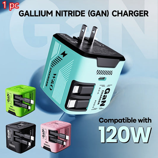 Dual Cable GaN Charger 120W with Built-In 47in Type-C & Lightning Retractable Cables, Foldable Plug – Tangle-Free Fast Charging USB-C Wall Adapter for iPhone 16 15 14 Pro Max, Samsung Galaxy S25 S24