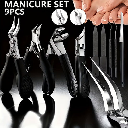 Manicure Pedicure Set 9 Piece Stainless Steel Nail Care Kit Professional Nail Clippers Nail File Cuticle Scissors for Ingrown Thick Toenails Men Women Seniors