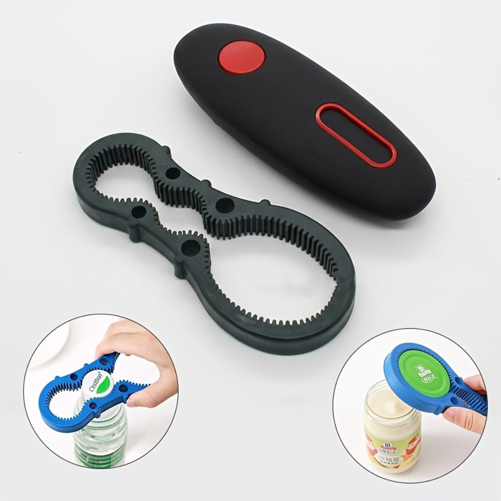 Black One-Touch Can Opener as a Single Unit or Two-Tool Bundle with Manual Jar-Opening Aid