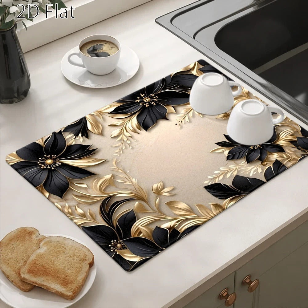 Black and Gold Floral Stove Protector Mat, 28.35 x 20.47 Inches with Beige Decorative Background