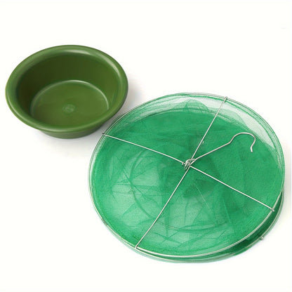 Green Hanging Mesh Fly Trap Cages with Removable Bait Bowls in Two-Pack or Four-Pack Options