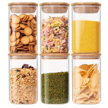 Six-Piece 37 oz Glass Storage Jar Set with Tall Clear Bodies, Square Bamboo-Look Lids and Silicone Rings